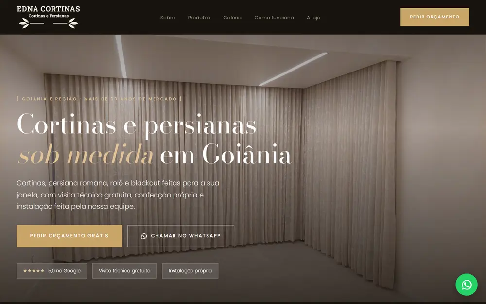 Página inicial do site da Edna Cortinas e Persianas